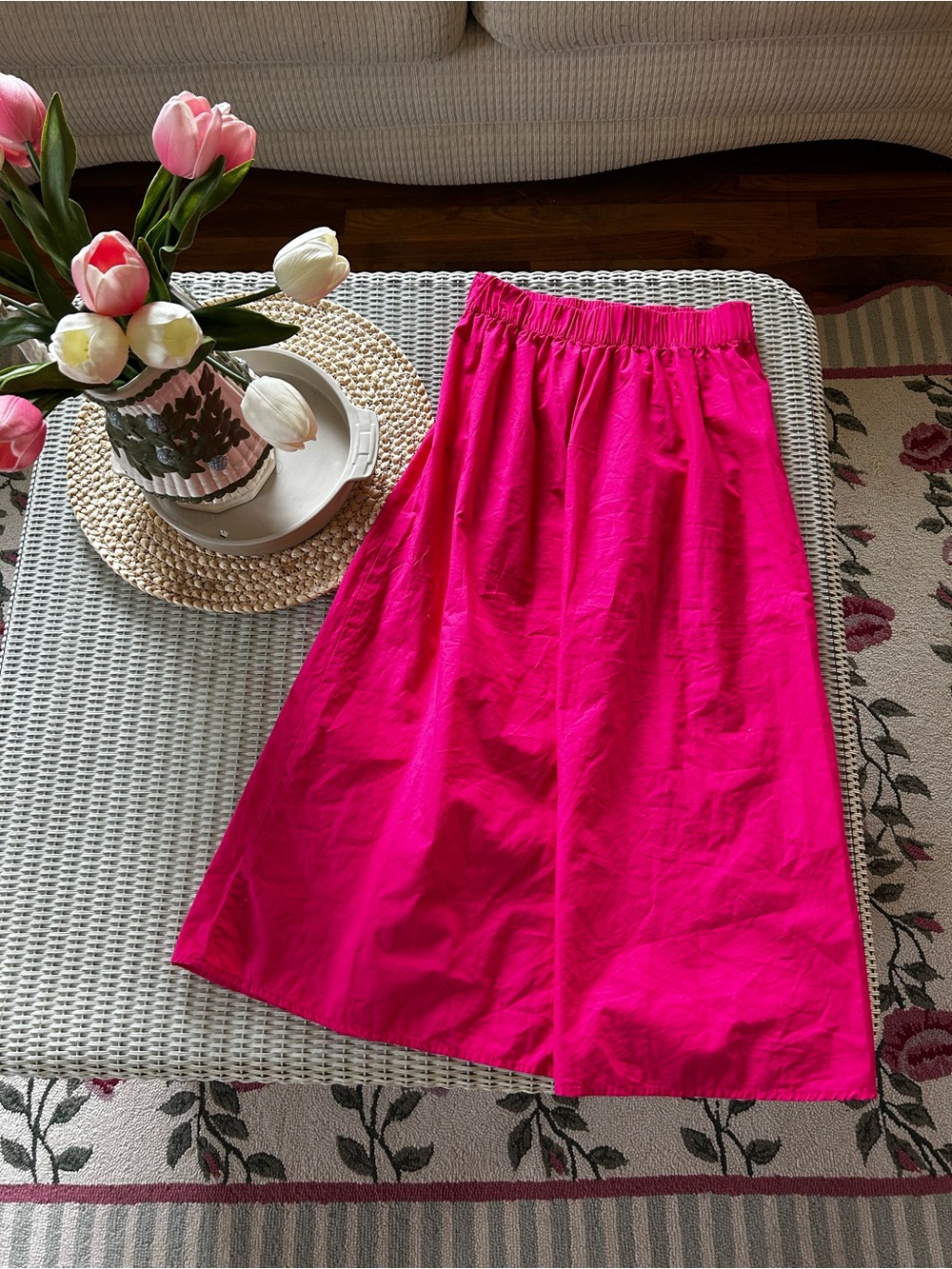 Elastic-Waist Midi Skirt in Bright Fuchsia